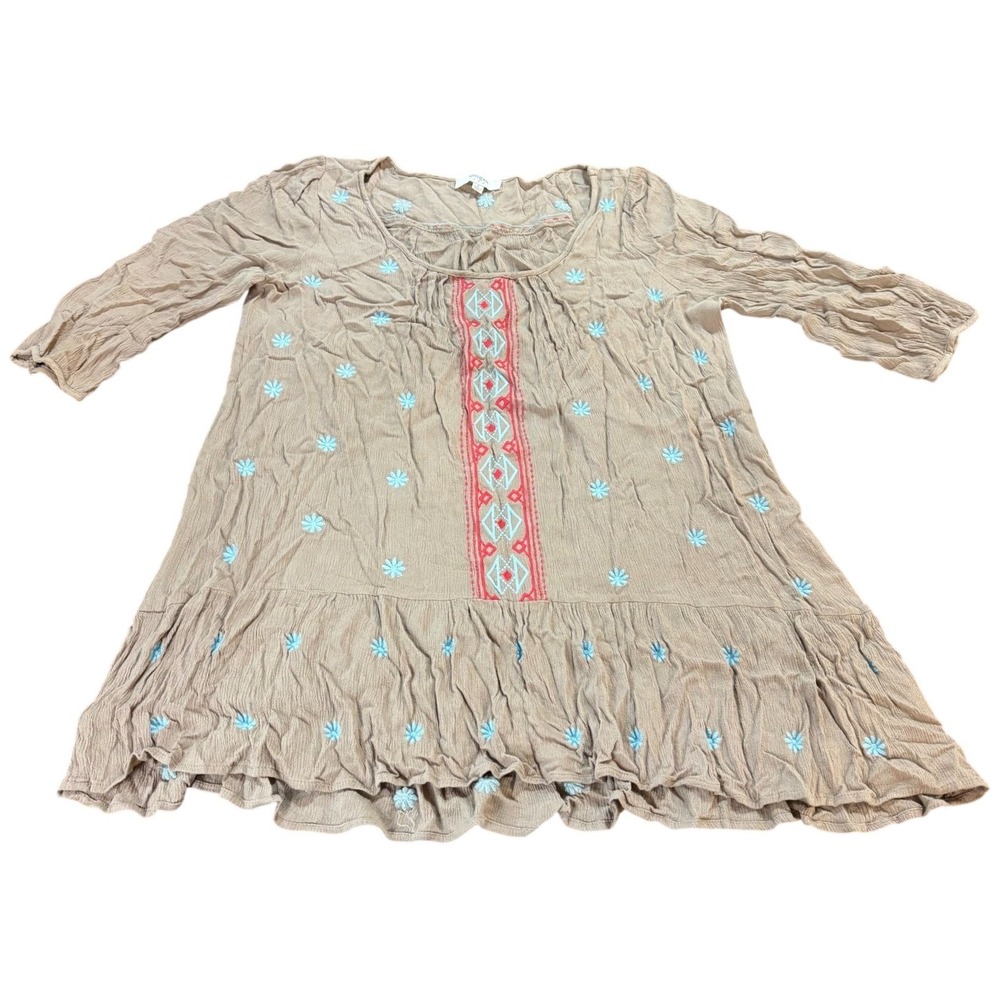 Umgee USA Tan Boho Embroidered Peasant Tunic Top Blue Floral Red Accents Small